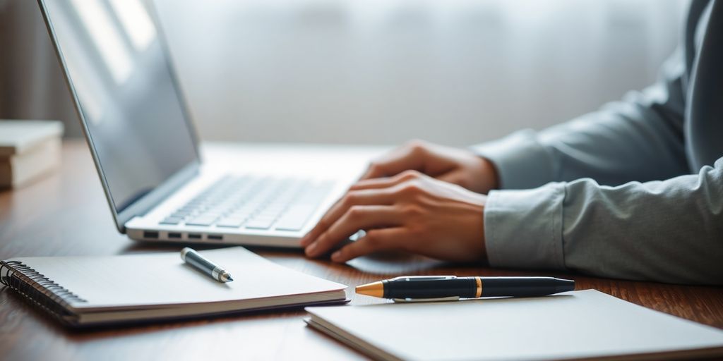 Person typing on a laptop with notebook and pen.