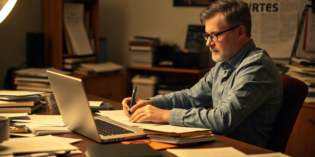 Writer at desk with papers and laptop, focused.