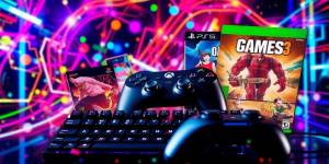 Collage of gaming elements and vibrant colors.