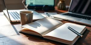 Writer's desk with notebook, laptop, and coffee.