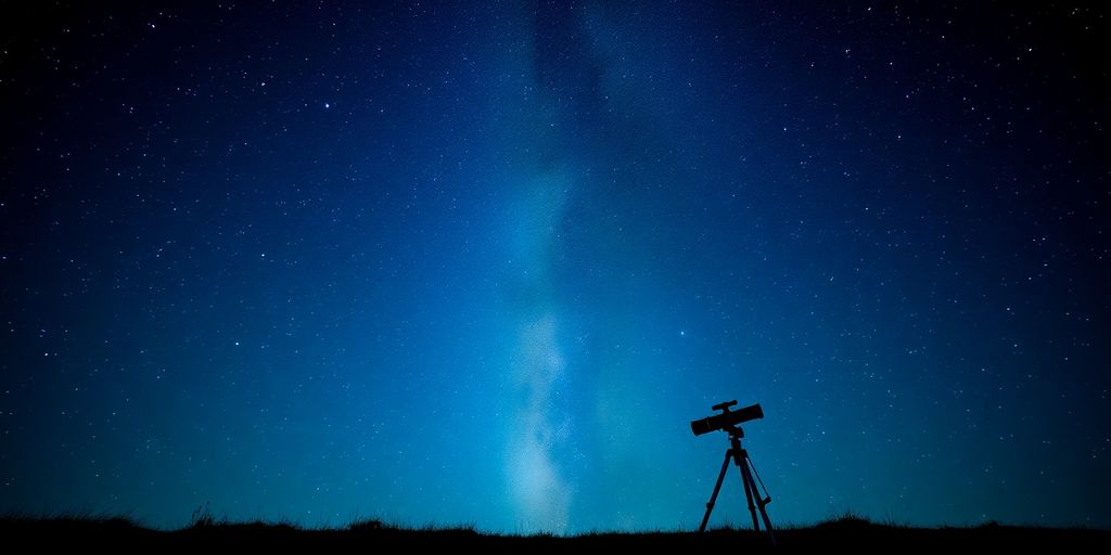 Telescope under a starry night sky with Milky Way.