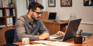 A writer at a desk working on a laptop.