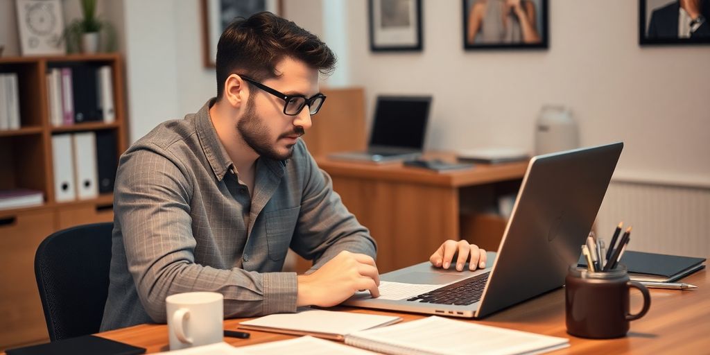 A writer at a desk working on a laptop.