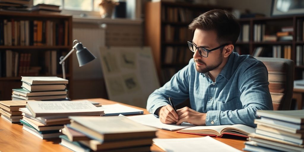 Writer at desk, contemplating higher education publishing.