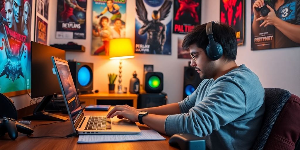 Person typing on a laptop in a gaming workspace.