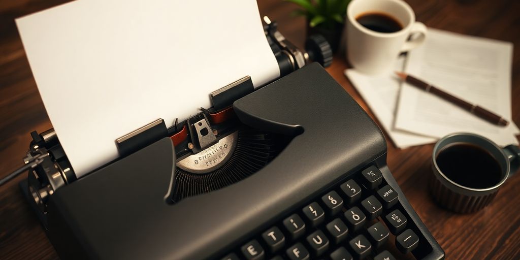 Typewriter with paper and notes on a desk.