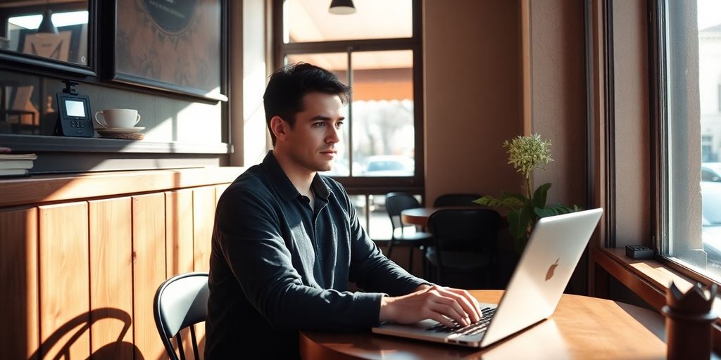 Writer at cafe with laptop, immersed in thought.