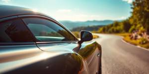 Sleek car on a winding road through lush greenery.