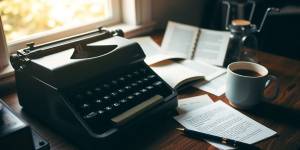 A writer's desk with a typewriter and coffee.