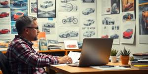 Photograph of a writer at an automotive-themed desk.