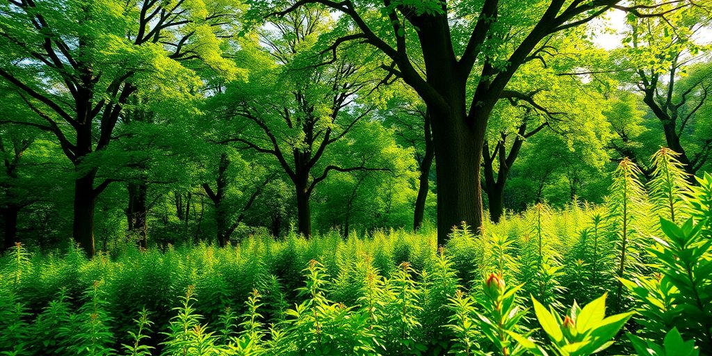 Lush green landscape with trees and plants.