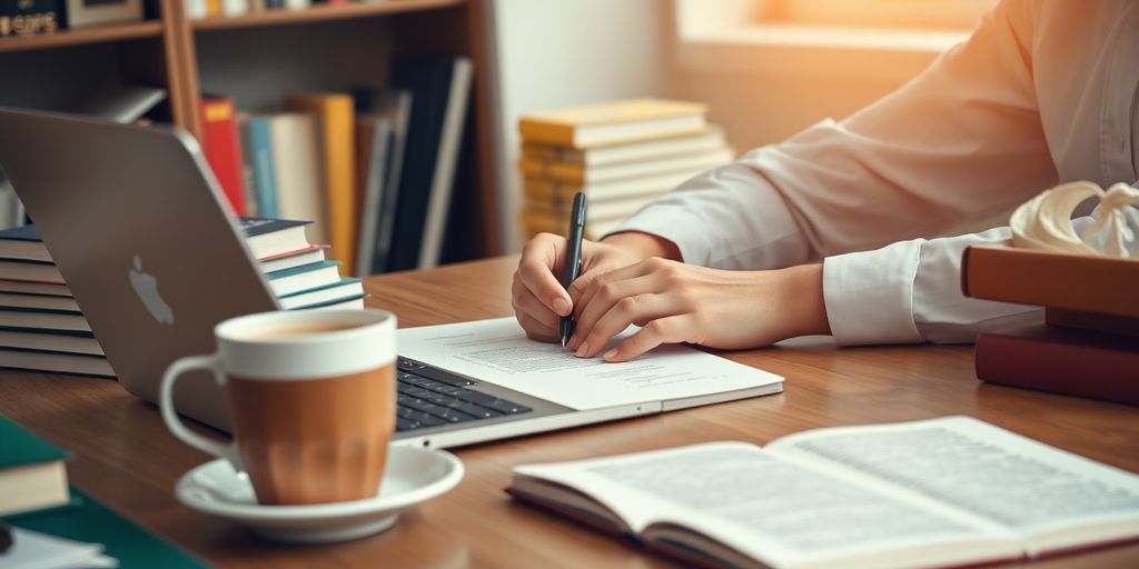 A writer at a desk with books and a laptop.