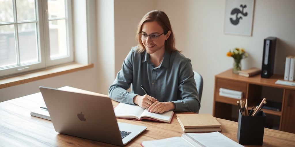 A writer working at a desk with a laptop.