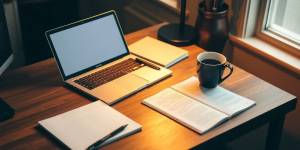 A writing desk with a laptop and notepad.