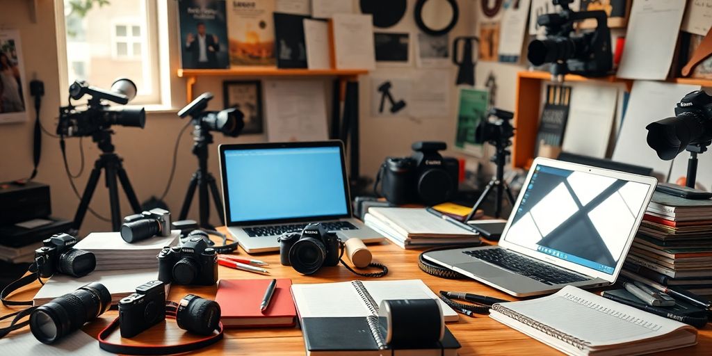 Editorial workspace with cameras and notebooks for journalism.