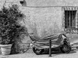 grayscale photo of motorcycle