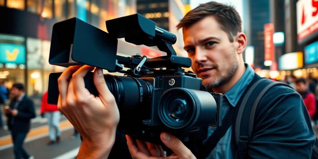 Journalist capturing news in a busy city setting.