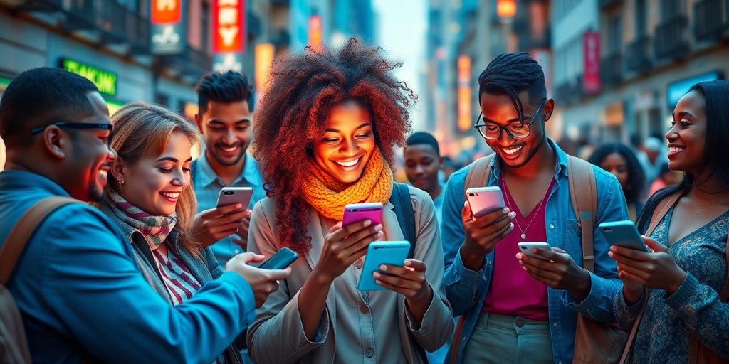 People using mobile devices in a lively urban setting.