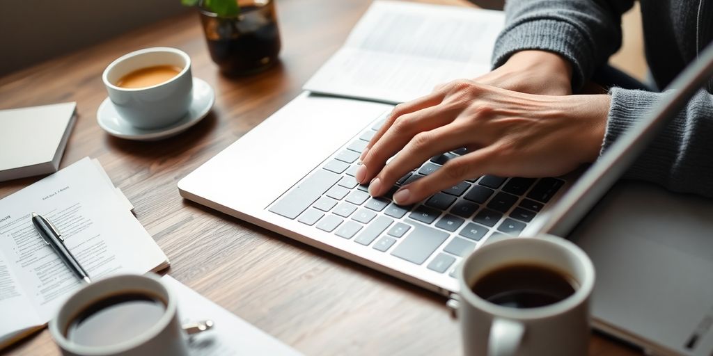 Writer typing on a laptop with notes and coffee.