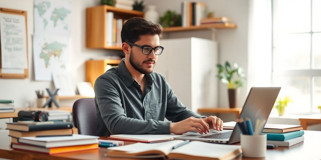 Writer at a desk with a laptop and books.