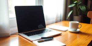 A writer's desk with a laptop and notepad.