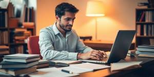 A writer working diligently at a desk with a laptop.