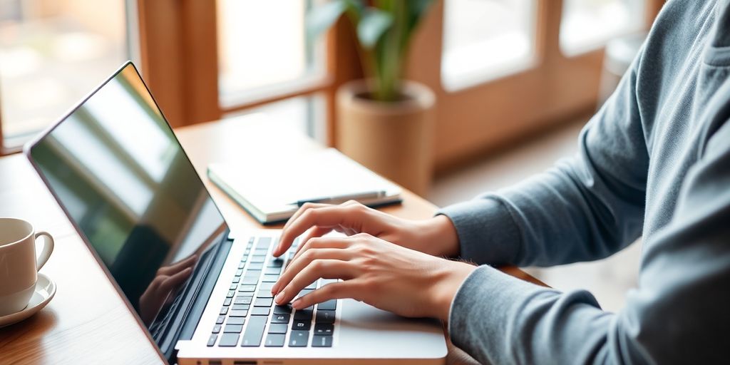 Person typing on a laptop in a cozy workspace.