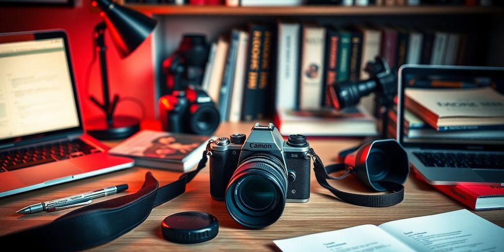 Camera and photography gear on a creative workspace.