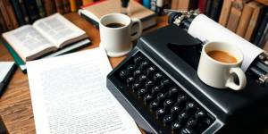 A typewriter with paper and a coffee cup.