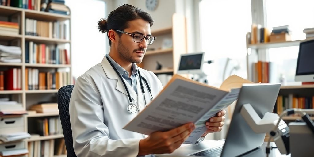 Doctor reviewing medical journal in an office setting.