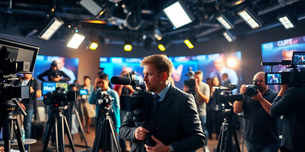 Journalist working in a busy newsroom environment.