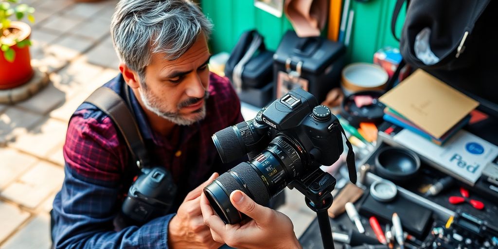 Photographer with camera gear in a creative workspace.