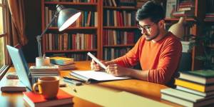 Writer at desk with marketing books and coffee.