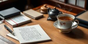 Traditional Japanese writing desk with stationery and tea.