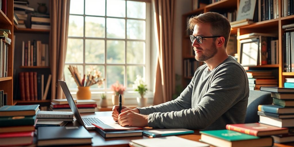 Writer working in a cozy office with books.