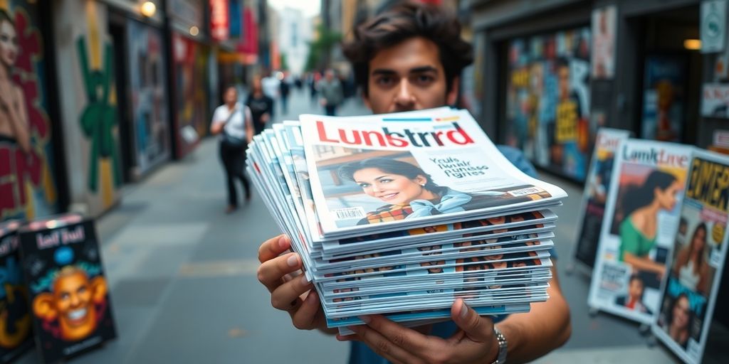 Stack of magazines in urban setting with street art.