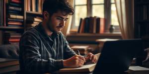 Writer at work in a cozy, book-filled space.