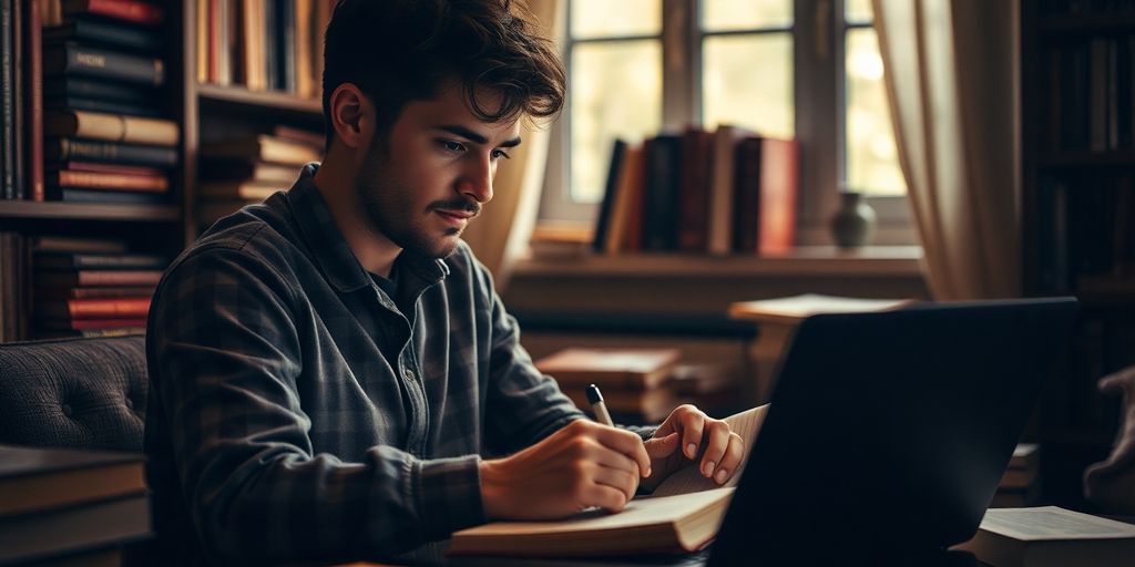 Writer at work in a cozy, book-filled space.