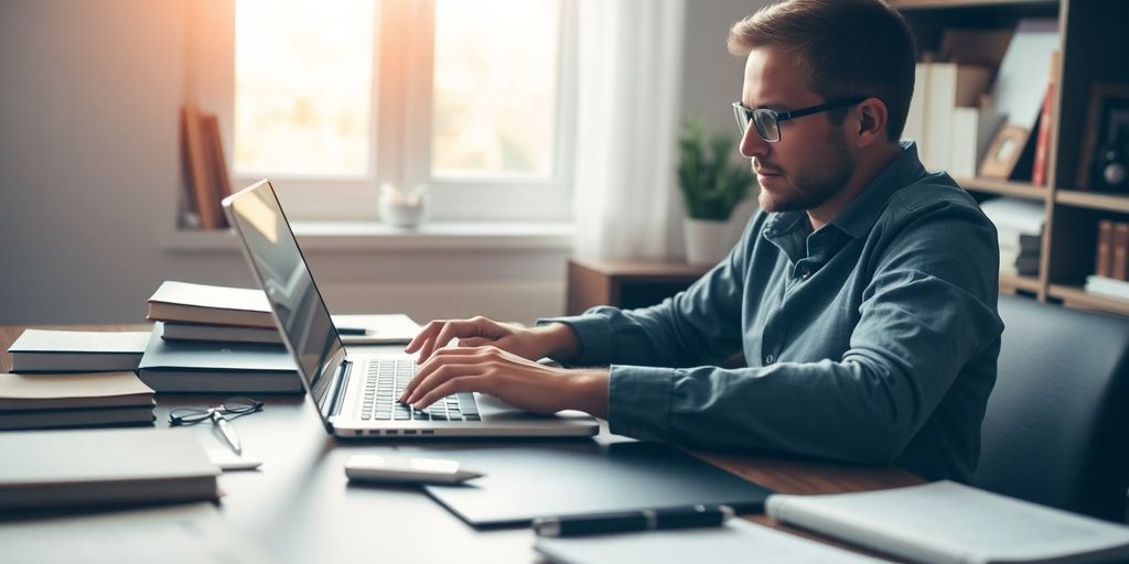 Writer at a desk typing on a laptop.