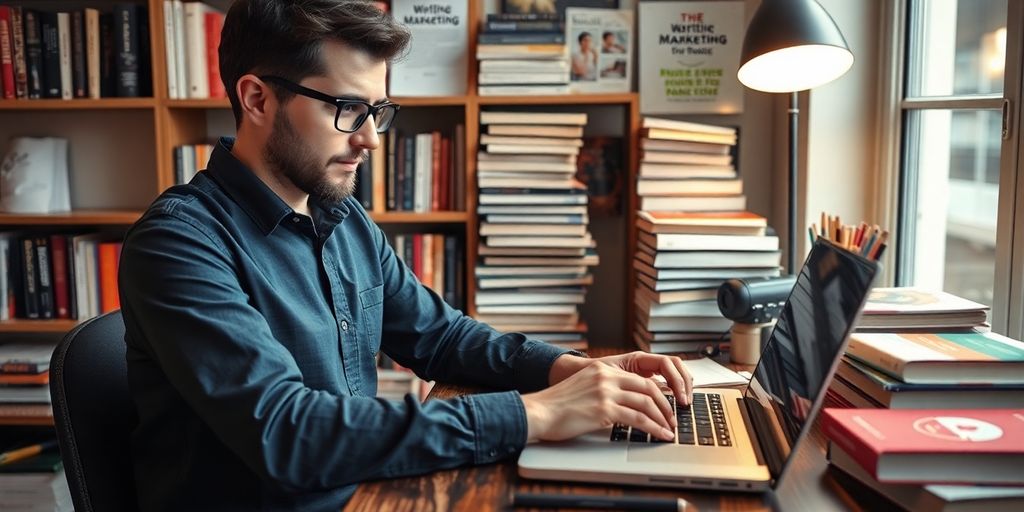 Writer typing on a laptop in a cozy workspace.