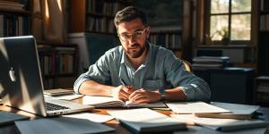 Writer working at a desk with notes and laptop.