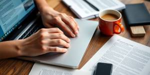 Writer typing on a laptop with coffee and notes.