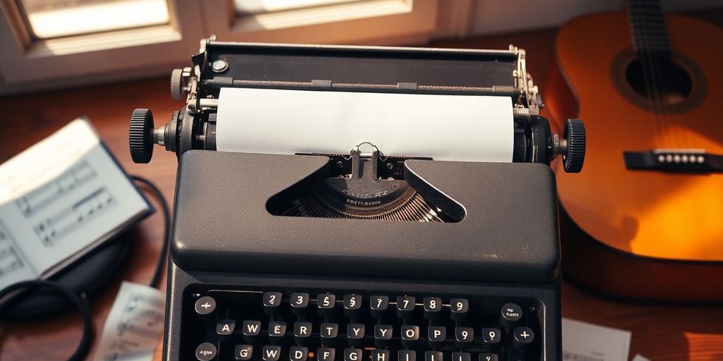 Typewriter with blank paper and scattered music notes.