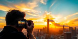 Photographer capturing a sunset city skyline.