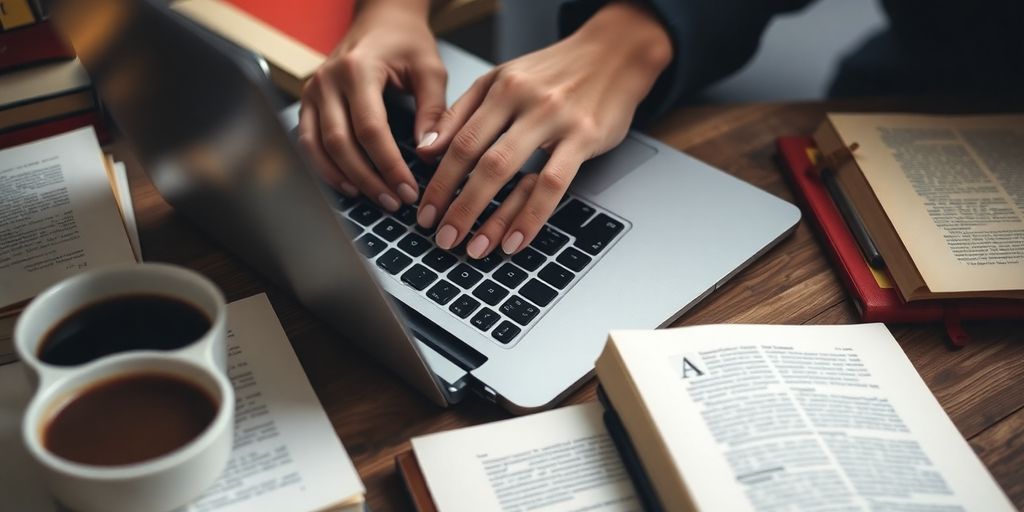 Person typing on a laptop with books and coffee.