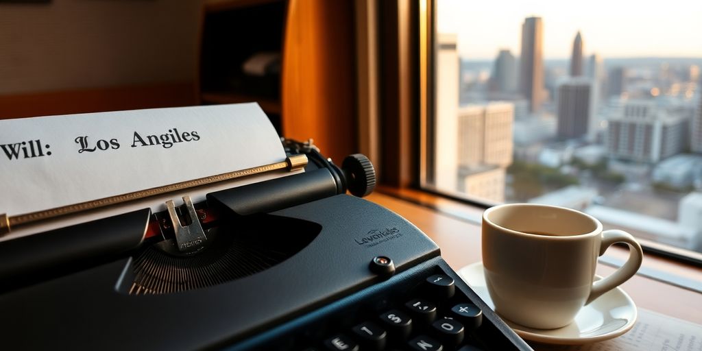 Typewriter with paper and coffee, Los Angeles skyline view.