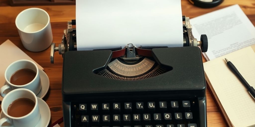 Typewriter with paper and coffee cups on a table.