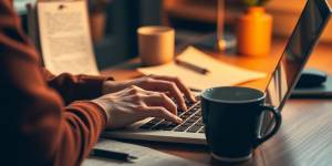 Person typing on a laptop with notes and coffee.