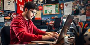 Sports writer working on a laptop in a vibrant office.