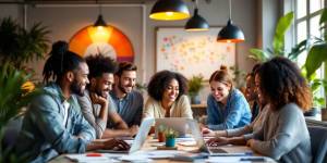 Diverse team collaborating in a modern workspace.